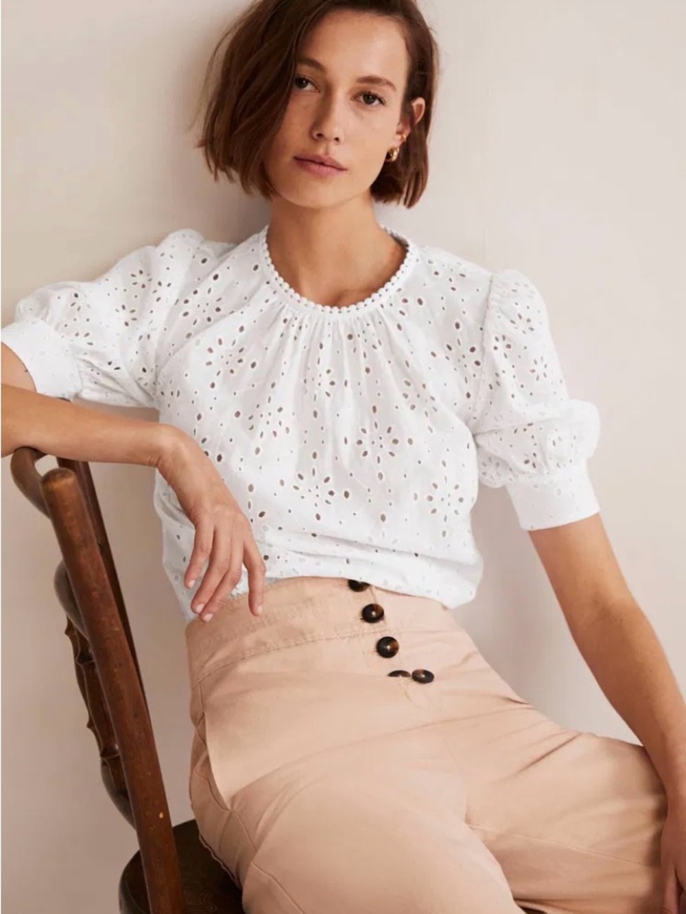 Boden White Eyelet Puff-Sleeve Blouse